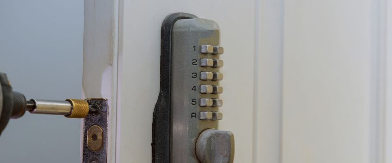 Wood door with digital door lock systems security protection for apartment.